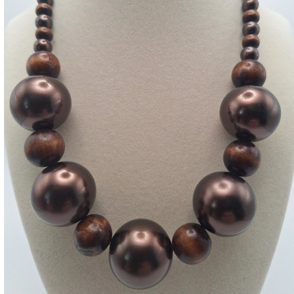 Vintage bead statement necklace brown wood bronze tone